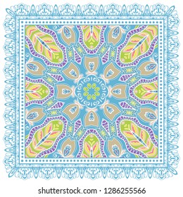 Decorative colorful ornament on white background, symmetric pattern with doodle lace frame. Tribal ethnic mandala decor. Bandana shawl, tablecloth fabric print, silk neck scarf, kerchief design