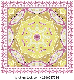 Decorative colorful ornament on white background, symmetric pattern with doodle lace frame. Tribal ethnic mandala decor. Bandana shawl, tablecloth fabric print, silk neck scarf, kerchief design
