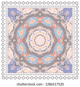 Decorative colorful ornament on white background, symmetric pattern with doodle lace frame. Tribal ethnic mandala decor. Bandana shawl, tablecloth fabric print, silk neck scarf, kerchief design