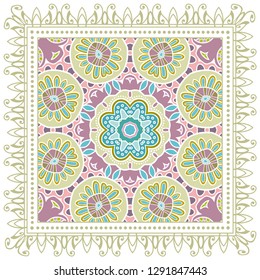 Decorative colorful ornament on white background, symmetric pattern with doodle lace frame. Tribal ethnic mandala decor. Bandana shawl, tablecloth fabric print, silk neck scarf, kerchief design