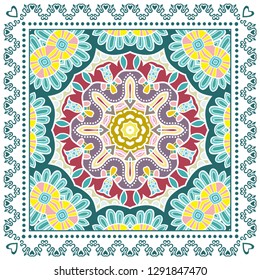 Decorative colorful ornament on white background, symmetric pattern with doodle lace frame. Tribal ethnic mandala decor. Bandana shawl, tablecloth fabric print, silk neck scarf, kerchief design