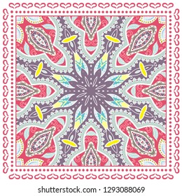 Decorative colorful ornament on white background, symmetric pattern with doodle lace frame. Tribal ethnic mandala decor. Bandana shawl, tablecloth fabric print, silk neck scarf, kerchief design