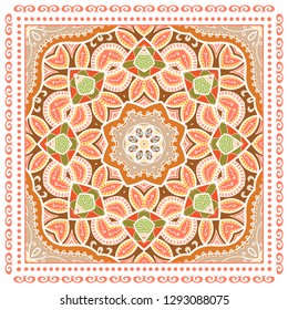 Decorative colorful ornament on white background, symmetric pattern with doodle lace frame. Tribal ethnic mandala decor. Bandana shawl, tablecloth fabric print, silk neck scarf, kerchief design