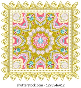 Decorative colorful ornament on white background, symmetric pattern with doodle lace frame. Tribal ethnic mandala decor. Bandana shawl, tablecloth fabric print, silk neck scarf, kerchief design