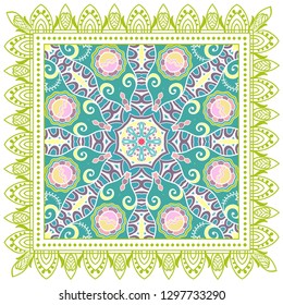 Decorative colorful ornament on white background, symmetric pattern with doodle lace frame. Tribal ethnic mandala decor. Bandana shawl, tablecloth fabric print, silk neck scarf, kerchief design