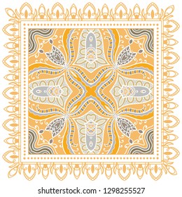 Decorative colorful ornament on white background, symmetric pattern with doodle lace frame. Tribal ethnic mandala decor. Bandana shawl, tablecloth fabric print, silk neck scarf, kerchief design