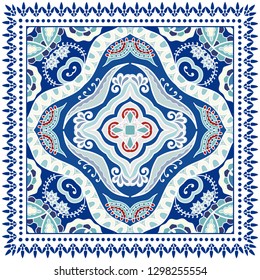 Decorative colorful ornament on white background, symmetric pattern with doodle lace frame. Tribal ethnic mandala decor. Bandana shawl, tablecloth fabric print, silk neck scarf, kerchief design