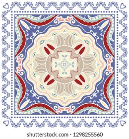 Decorative colorful ornament on white background, symmetric pattern with doodle lace frame. Tribal ethnic mandala decor. Bandana shawl, tablecloth fabric print, silk neck scarf, kerchief design