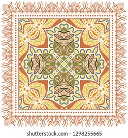 Decorative colorful ornament on white background, symmetric pattern with doodle lace frame. Tribal ethnic mandala decor. Bandana shawl, tablecloth fabric print, silk neck scarf, kerchief design