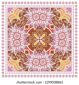 Decorative colorful ornament on white background, symmetric pattern with doodle lace frame. Tribal ethnic mandala decor. Bandana shawl, tablecloth fabric print, silk neck scarf, kerchief design