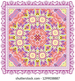 Decorative colorful ornament on white background, symmetric pattern with doodle lace frame. Tribal ethnic mandala decor. Bandana shawl, tablecloth fabric print, silk neck scarf, kerchief design