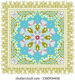 Decorative colorful ornament on white background, symmetric pattern with doodle lace frame. Tribal ethnic mandala decor. Bandana shawl, tablecloth fabric print, silk neck scarf, kerchief design