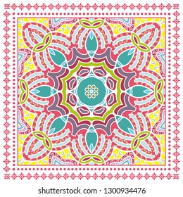 Decorative colorful ornament on white background, symmetric pattern with doodle lace frame. Tribal ethnic mandala decor. Bandana shawl, tablecloth fabric print, silk neck scarf, kerchief design