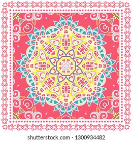 Decorative colorful ornament on white background, symmetric pattern with doodle lace frame. Tribal ethnic mandala decor. Bandana shawl, tablecloth fabric print, silk neck scarf, kerchief design