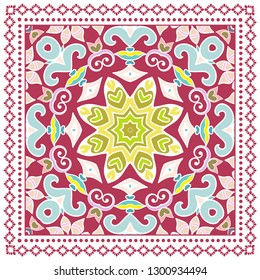 Decorative colorful ornament on white background, symmetric pattern with doodle lace frame. Tribal ethnic mandala decor. Bandana shawl, tablecloth fabric print, silk neck scarf, kerchief design