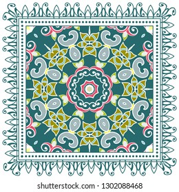 Decorative colorful ornament on white background, symmetric pattern with doodle lace frame. Tribal ethnic mandala decor. Bandana shawl, tablecloth fabric print, silk neck scarf, kerchief design