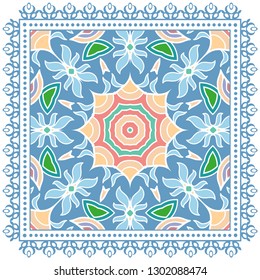 Decorative colorful ornament on white background, symmetric pattern with doodle lace frame. Tribal ethnic mandala decor. Bandana shawl, tablecloth fabric print, silk neck scarf, kerchief design