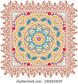 Decorative colorful ornament on white background, symmetric pattern with doodle lace frame. Tribal ethnic mandala decor. Bandana shawl, tablecloth fabric print, silk neck scarf, kerchief design