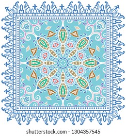 Decorative colorful ornament on white background, symmetric pattern with doodle lace frame. Tribal ethnic mandala decor. Bandana shawl, tablecloth fabric print, silk neck scarf, kerchief design