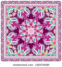 Decorative colorful ornament on white background, symmetric pattern with doodle lace frame. Tribal ethnic mandala decor. Bandana shawl, tablecloth fabric print, silk neck scarf, kerchief design