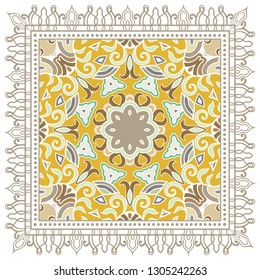 Decorative colorful ornament on white background, symmetric pattern with doodle lace frame. Tribal ethnic mandala decor. Bandana shawl, tablecloth fabric print, silk neck scarf, kerchief design