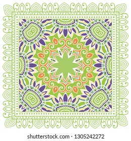 Decorative colorful ornament on white background, symmetric pattern with doodle lace frame. Tribal ethnic mandala decor. Bandana shawl, tablecloth fabric print, silk neck scarf, kerchief design