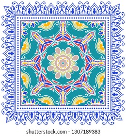 Decorative colorful ornament on white background, symmetric pattern with doodle lace frame. Tribal ethnic mandala decor. Bandana shawl, tablecloth fabric print, silk neck scarf, kerchief design