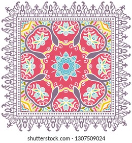 Decorative colorful ornament on white background, symmetric pattern with doodle lace frame. Tribal ethnic mandala decor. Bandana shawl, tablecloth fabric print, silk neck scarf, kerchief design