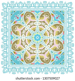 Decorative colorful ornament on white background, symmetric pattern with doodle lace frame. Tribal ethnic mandala decor. Bandana shawl, tablecloth fabric print, silk neck scarf, kerchief design