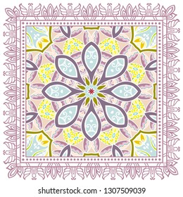 Decorative colorful ornament on white background, symmetric pattern with doodle lace frame. Tribal ethnic mandala decor. Bandana shawl, tablecloth fabric print, silk neck scarf, kerchief design