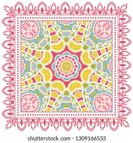 Decorative colorful ornament on white background, symmetric pattern with doodle lace frame. Tribal ethnic mandala decor. Bandana shawl, tablecloth fabric print, silk neck scarf, kerchief design