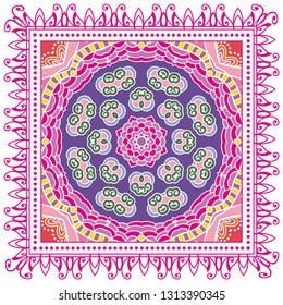 Decorative colorful ornament on white background, symmetric pattern with doodle lace frame. Tribal ethnic mandala decor. Bandana shawl, tablecloth fabric print, silk neck scarf, kerchief design