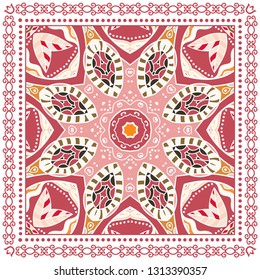 Decorative colorful ornament on white background, symmetric pattern with doodle lace frame. Tribal ethnic mandala decor. Bandana shawl, tablecloth fabric print, silk neck scarf, kerchief design