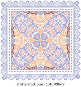 Decorative colorful ornament on white background, symmetric pattern with doodle lace frame. Tribal ethnic mandala decor. Bandana shawl, tablecloth fabric print, silk neck scarf, kerchief design