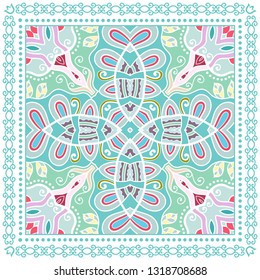 Decorative colorful ornament on white background, symmetric pattern with doodle lace frame. Tribal ethnic mandala decor. Bandana shawl, tablecloth fabric print, silk neck scarf, kerchief design