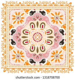 Decorative colorful ornament on white background, symmetric pattern with doodle lace frame. Tribal ethnic mandala decor. Bandana shawl, tablecloth fabric print, silk neck scarf, kerchief design