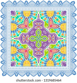Decorative colorful ornament on white background, symmetric pattern with doodle lace frame. Tribal ethnic mandala decor. Bandana shawl, tablecloth fabric print, silk neck scarf, kerchief design