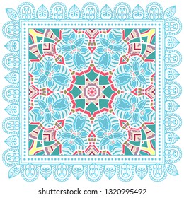 Decorative colorful ornament on white background, symmetric pattern with doodle lace frame. Tribal ethnic mandala decor. Bandana shawl, tablecloth fabric print, silk neck scarf, kerchief design