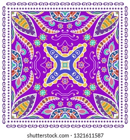 Decorative colorful ornament on white background, symmetric pattern with doodle lace frame. Tribal ethnic mandala decor. Bandana shawl, tablecloth fabric print, silk neck scarf, kerchief design