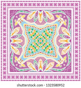 Decorative colorful ornament on white background, symmetric pattern with geometric frame border. Tribal ethnic mandala decor. Bandana shawl, tablecloth fabric print, silk neck scarf, kerchief design