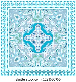 Decorative colorful ornament on white background, symmetric pattern with geometric frame border. Tribal ethnic mandala decor. Bandana shawl, tablecloth fabric print, silk neck scarf, kerchief design