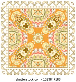 Decorative colorful ornament on white background, symmetric pattern with doodle lace frame. Tribal ethnic mandala decor. Bandana shawl, tablecloth fabric print, silk neck scarf, kerchief design