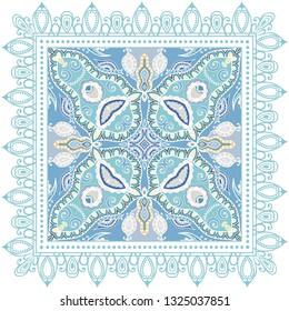 Decorative colorful ornament on white background, symmetric pattern with doodle lace frame. Tribal ethnic mandala decor. Bandana shawl, tablecloth fabric print, silk neck scarf, kerchief design