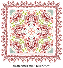 Decorative colorful ornament on white background, symmetric pattern with doodle lace frame. Tribal ethnic mandala decor. Bandana shawl, tablecloth fabric print, silk neck scarf, kerchief design