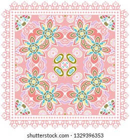 Decorative colorful ornament on white background, symmetric pattern with doodle lace frame. Tribal ethnic mandala decor. Bandana shawl, tablecloth fabric print, silk neck scarf, kerchief design
