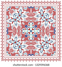 Decorative colorful ornament on white background, symmetric pattern with doodle lace frame. Tribal ethnic mandala decor. Bandana shawl, tablecloth fabric print, silk neck scarf, kerchief design