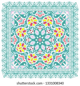 Decorative colorful ornament on white background, symmetric pattern with doodle lace frame. Tribal ethnic mandala decor. Bandana shawl, tablecloth fabric print, silk neck scarf, kerchief design