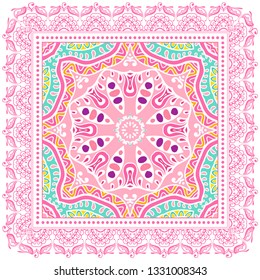 Decorative colorful ornament on white background, symmetric pattern with doodle lace frame. Tribal ethnic mandala decor. Bandana shawl, tablecloth fabric print, silk neck scarf, kerchief design