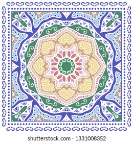 Decorative colorful ornament on white background, symmetric pattern with doodle lace frame. Tribal ethnic mandala decor. Bandana shawl, tablecloth fabric print, silk neck scarf, kerchief design