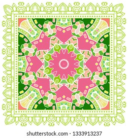 Decorative colorful ornament on white background, symmetric pattern with doodle lace frame. Tribal ethnic mandala decor. Bandana shawl, tablecloth fabric print, silk neck scarf, kerchief design